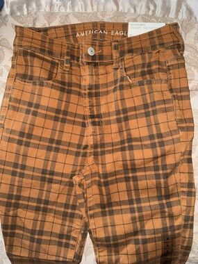 NWT American Eagle Brown and Orange Plaid High-Rise Jeans